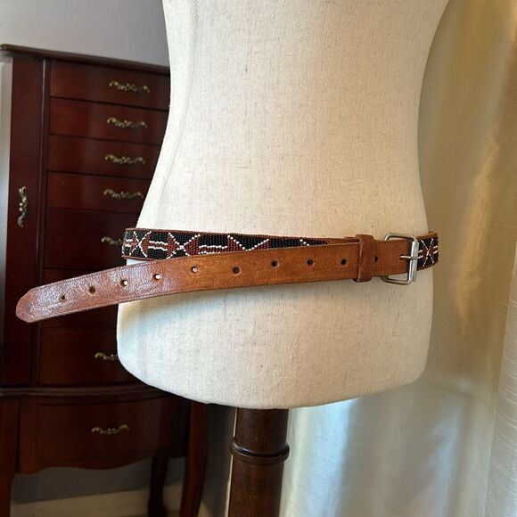 Vintage Leather Brown Red Black Southwestern Boho Hand Beaded Belt - Picture 2 of 7